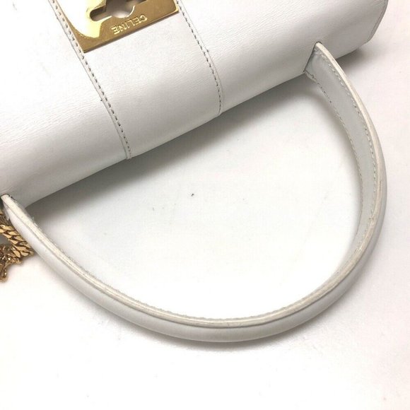 CELINE Chain Lock Leather Tote Bag Hand Bag White - Picture 3 of 12